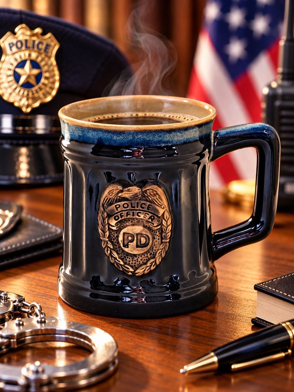 Burton + Burton Police Officer PD Badge Ceramic Coffee Mug Blue Black 2 cups